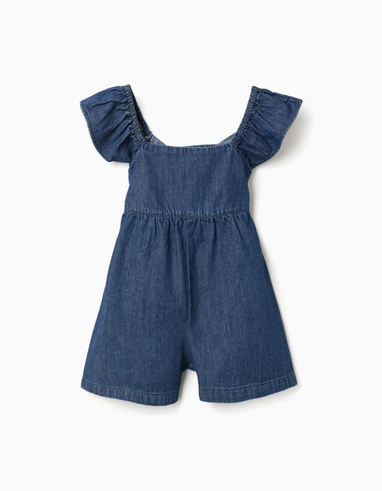 Denim Playsuit With Ruffled Sleeves For Girls Dark Blue