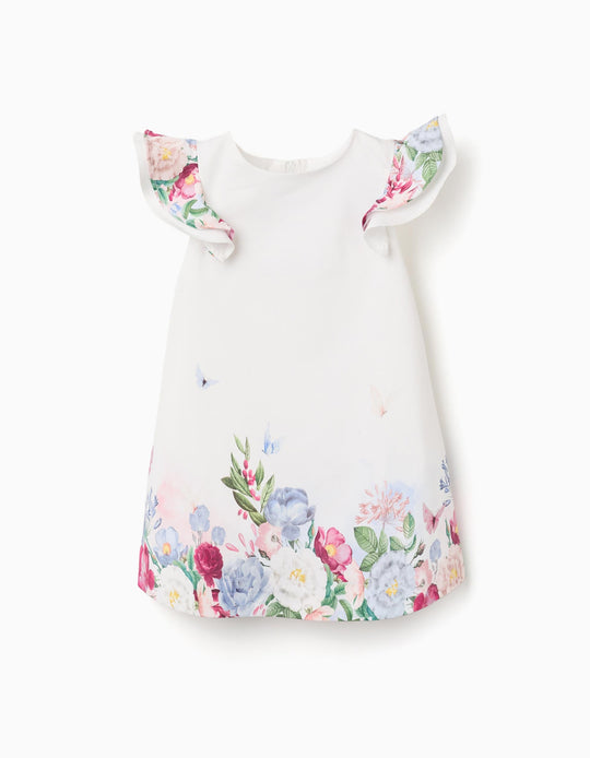 Cotton dress with flowers and ruffled sleeves for baby girls, white