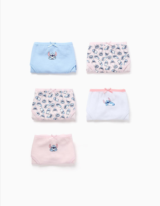 Pack of 5 cotton briefs with Stitch for girls, pink/blue/white