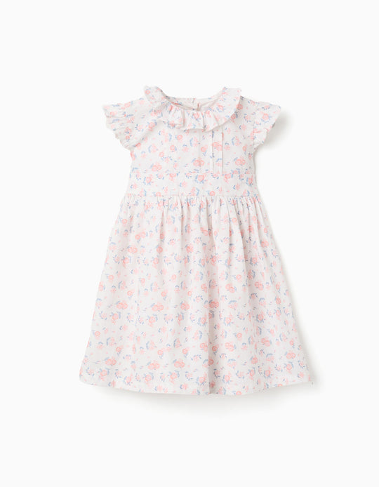 Poplin DreWith Floral Motif And Ruffles For Baby Girls White