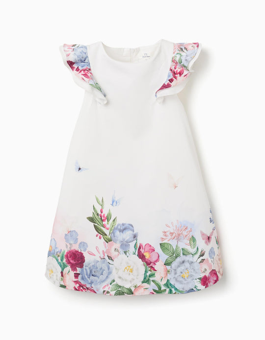 Cotton dress with flowers and ruffled sleeves for girls, white