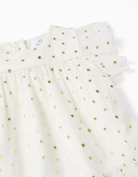 Sleeveless tulle dress with ruffles and stars for baby girls  white