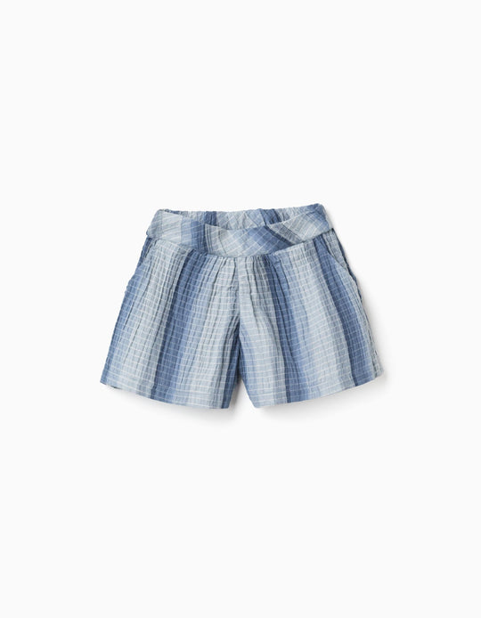 Striped Cotton Shorts With Elastic Waistband For Girls Blue