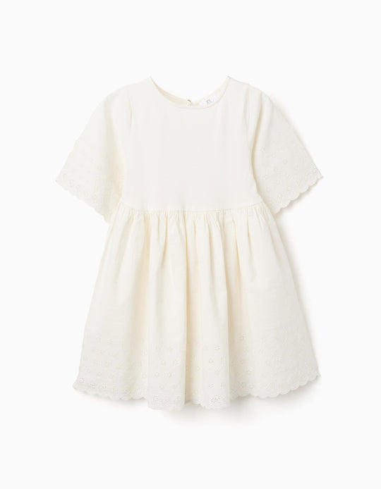 Short Sleeve Cotton DreWith Broderie Anglaise For Girls Light Beige
