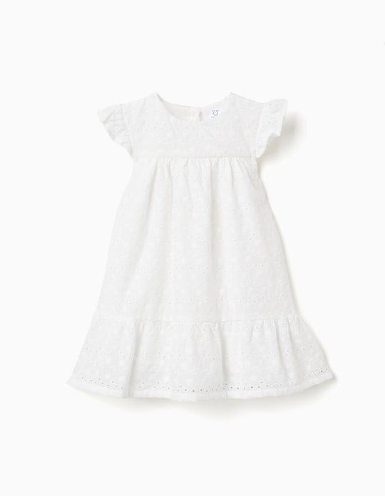 Cotton DreWith Broderie Anglaise And Ruffles For Baby Girls White