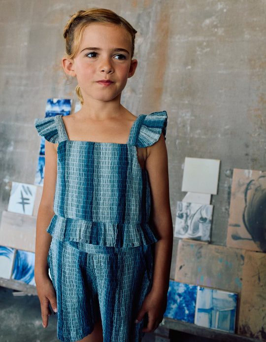 SleeveleCotton Top With Stripes And Ruffles For Girls Blue