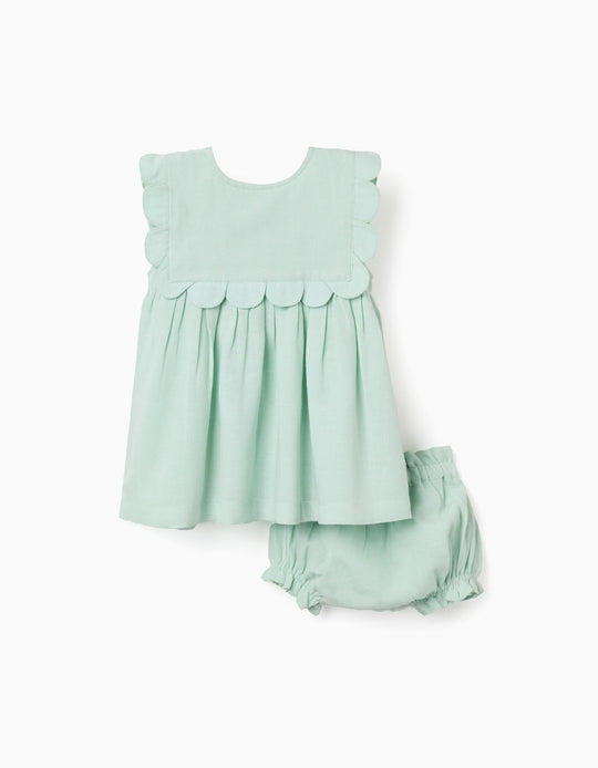 Dress And Bloomers In Cotton And Linen For Newborn Girls, Light Green