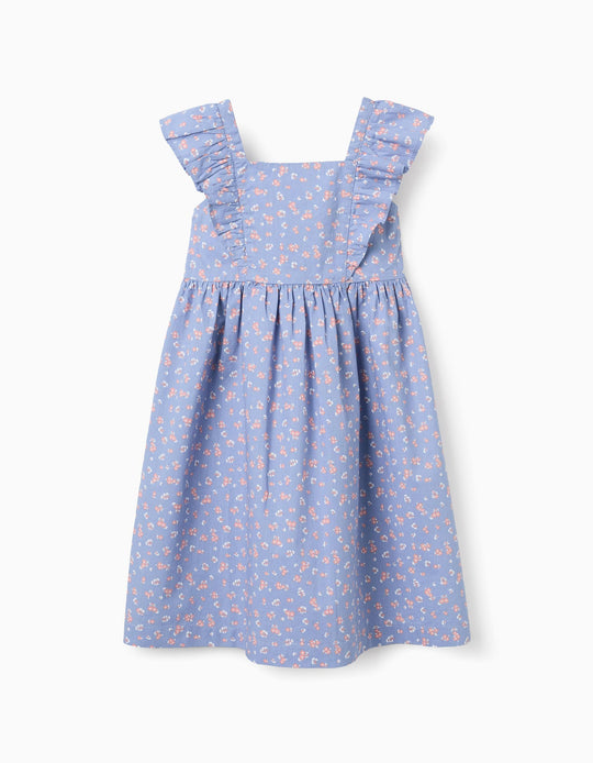 Poplin dress with floral motif and ruffles for girls, blue
