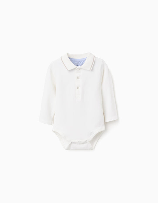 Long sleeve polo-bodysuit with stripes for newborn boys, white/beige