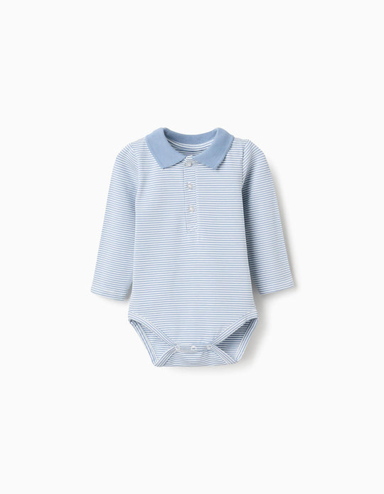 Long sleeve polo-bodysuit with stripes for newborn boys, white/blue