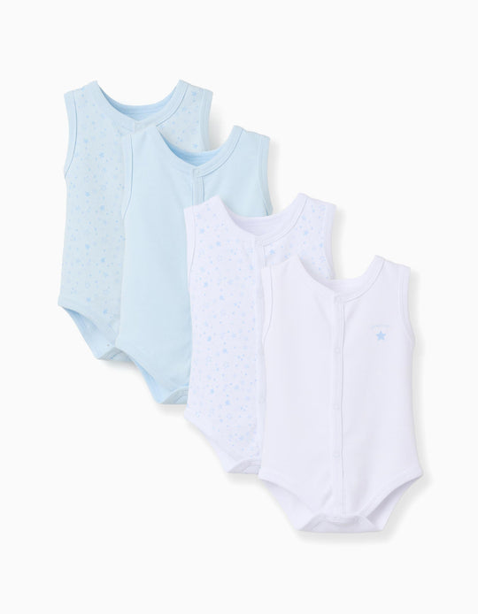 4 Cotton SleeveleBodysuits For Newborn And Baby Boys White Blue