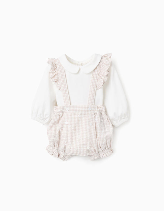Bodysuit + jumpsuit with Vichy pattern for newborn girls, white/beige