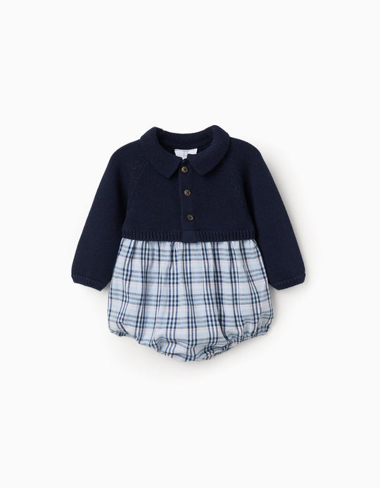 Dual-fabric checked jumpsuit in cotton B&S for newborn boys, blue