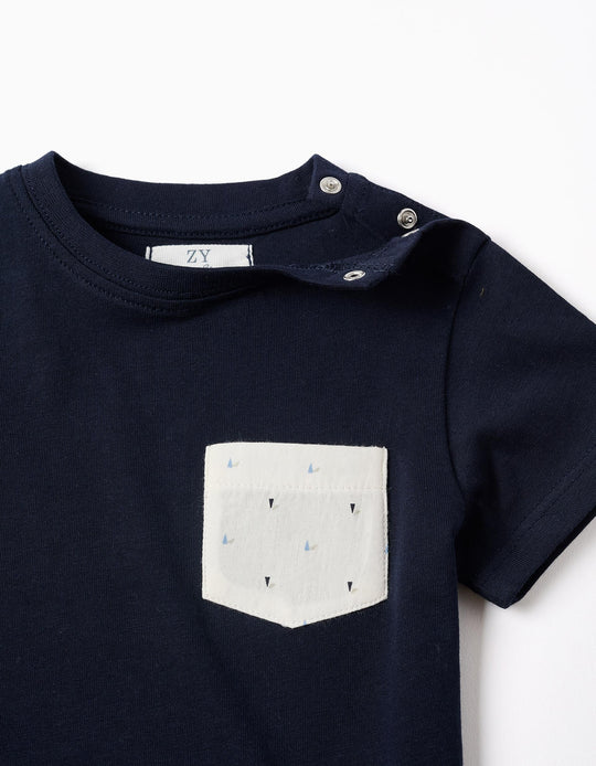 Cotton T-shirt with printed chest pocket for baby boys  dark blue