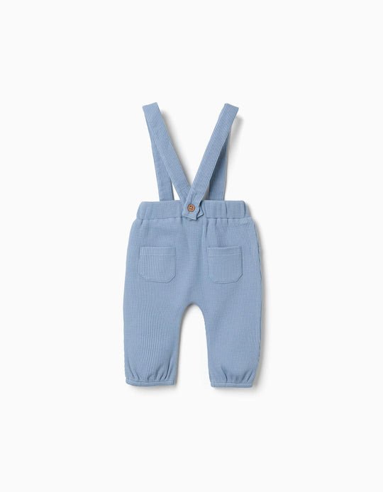 Waffle‑textured cotton trousers with straps for newborn boys  blue