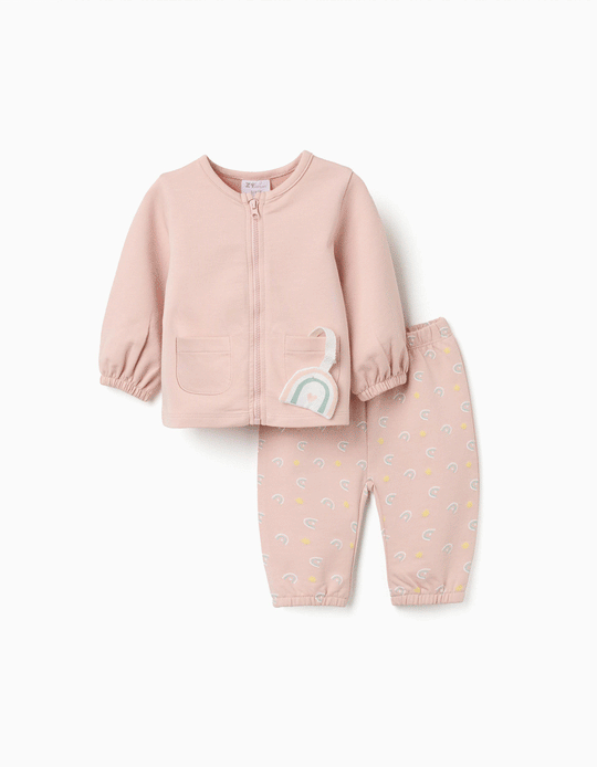 Cotton Jacket + Trousers With Motif For Newborn Girls Light Pink