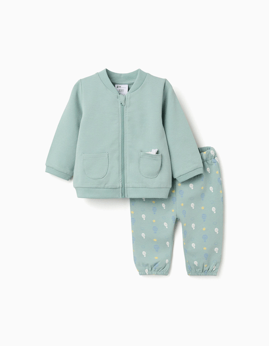 Cotton jacket + trousers with motif for newborn boys  light green