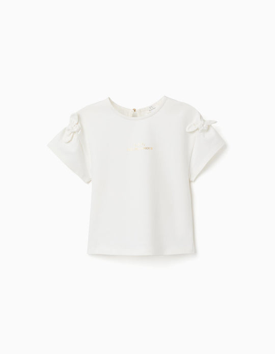 T-shirt with print and decorative knots for girls  white