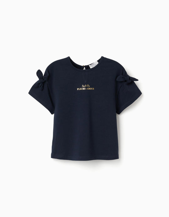 T-shirt with print and decorative knots for girls  dark blue