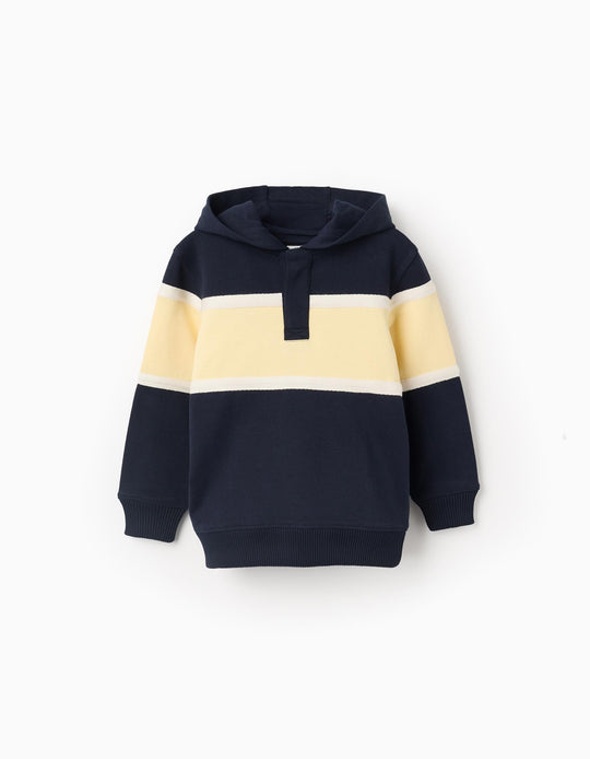 Cotton hooded sweatshirt with colour block for boys, blue/yellow/white