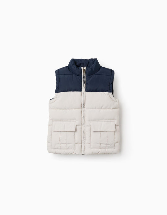 Padded vest with flap pockets for baby boys, dark blue/beige