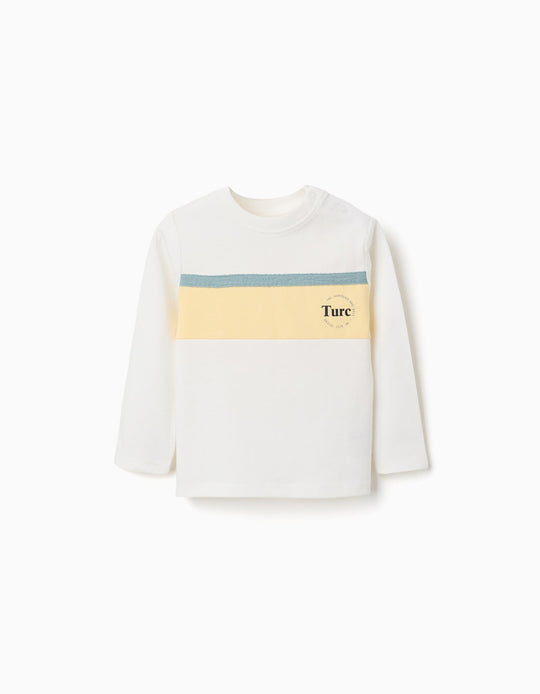 Long sleeve cotton T-shirt with print for baby boys, white/yellow/green