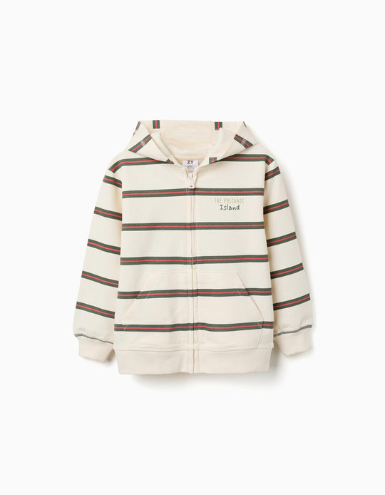 Cotton hooded jacket with stripes for boys, beige/orange/green