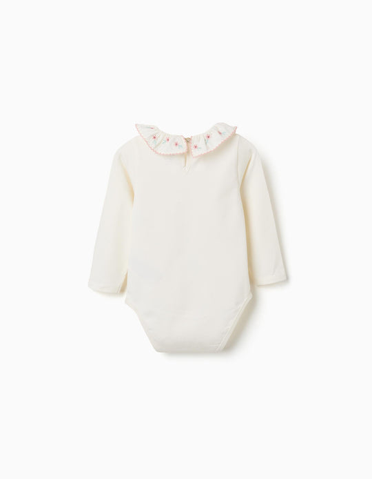 Long sleeve bodysuit with floral ruffled collar for baby girls  white
