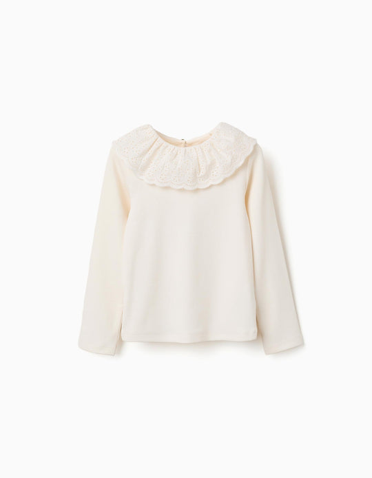 Long sleeve ribbed cotton T-shirt with broderie anglaise for girls  white