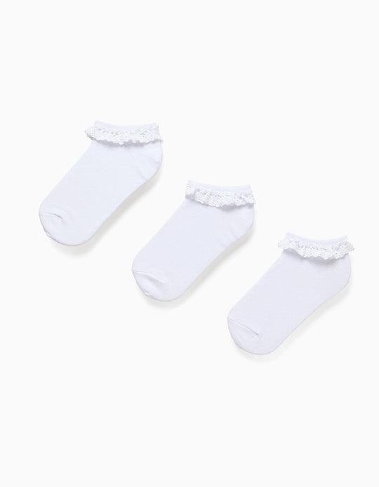 Pack Of 3 Pairs Of Ankle Socks With Lace Detail For Girls, White
