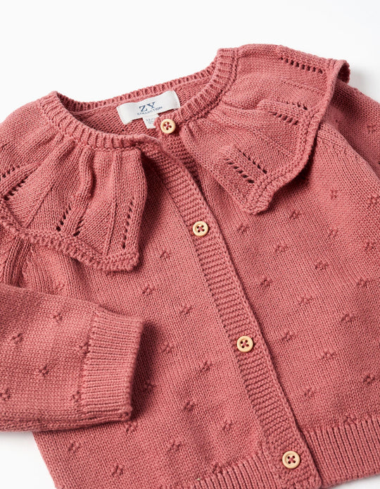 Openwork cotton knit jacket with ruffle collar for baby girls  pink