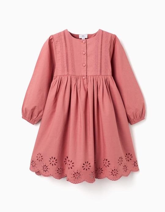 Long sleeve poplin dress with broderie anglaise for girls  pink