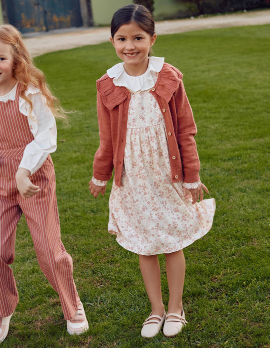 Long sleeve floral dress with lining for girls  light beige/pink