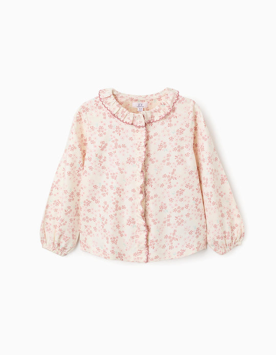 Long sleeve floral blouse with ruffles for girls  light beige/pink
