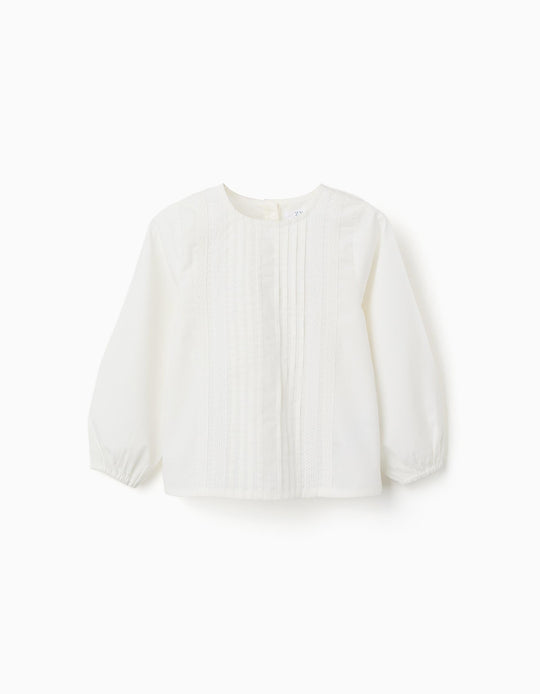 Long sleeve poplin blouse with front pleats for girls  white