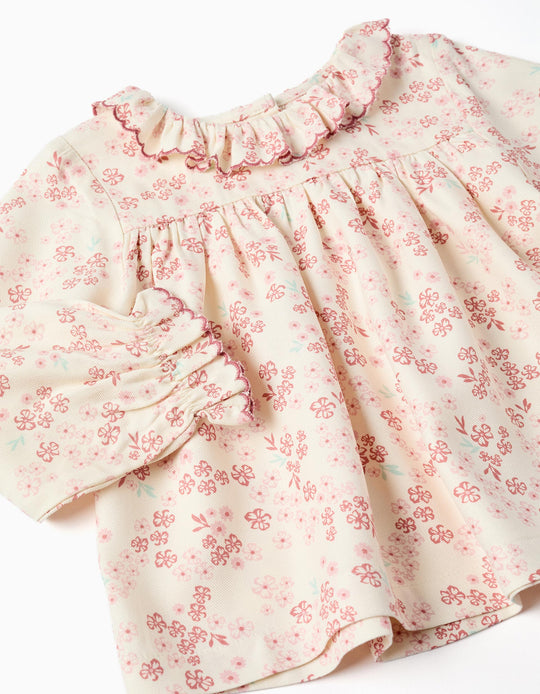 Long sleeve floral blouse with ruffles for baby girls  light beige/pink