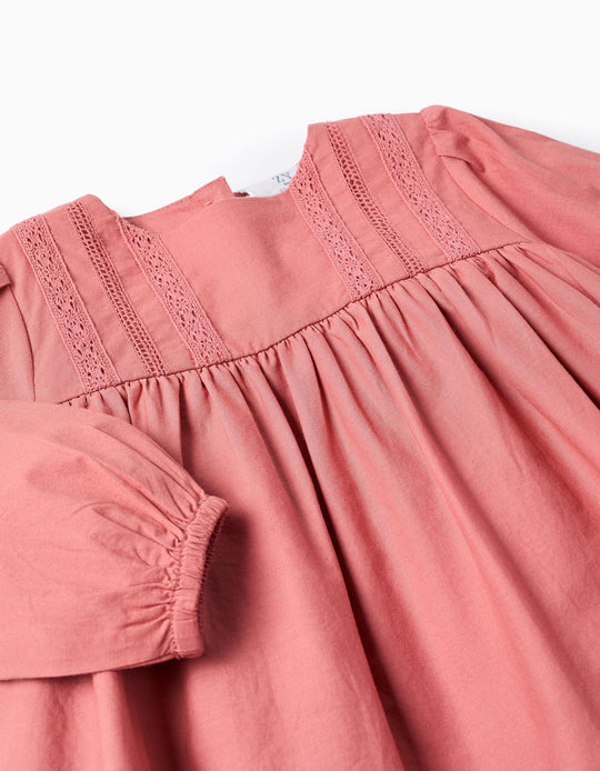 Long sleeve poplin dress with broderie anglaise for baby girls  pink