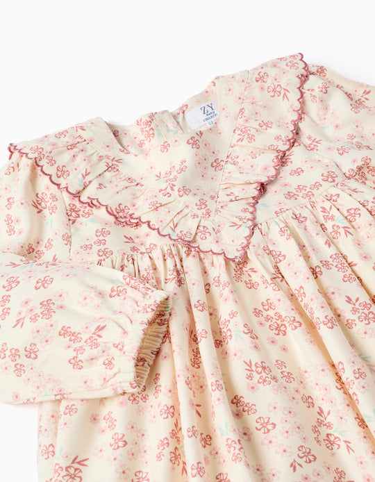 Long sleeve floral dress with lining for baby girls  light beige/pink