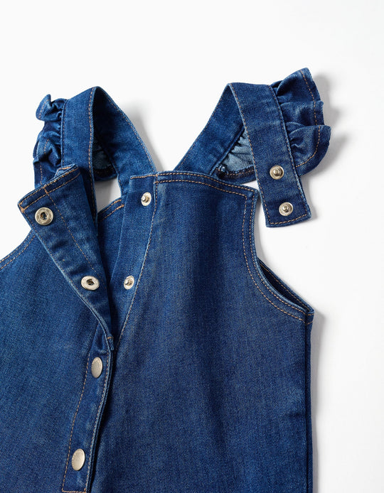 Denim jumpsuit with ruffled straps for baby girls  dark blue