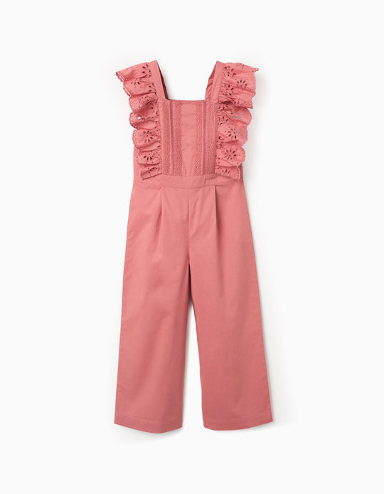 Poplin jumpsuit with ruffles and broderie anglaise for girls  pink