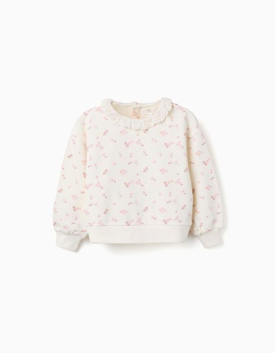Cotton sweatshirt with floral motif and ruffled collar for girls, white