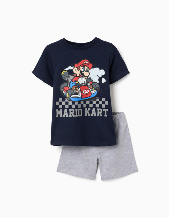 Short Sleeve Cotton Pyjamas With Mario Kart Print For Boys Blue Grey