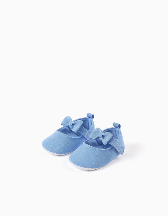 Canvas Mary Jane shoes with bow for newborn girls  blue