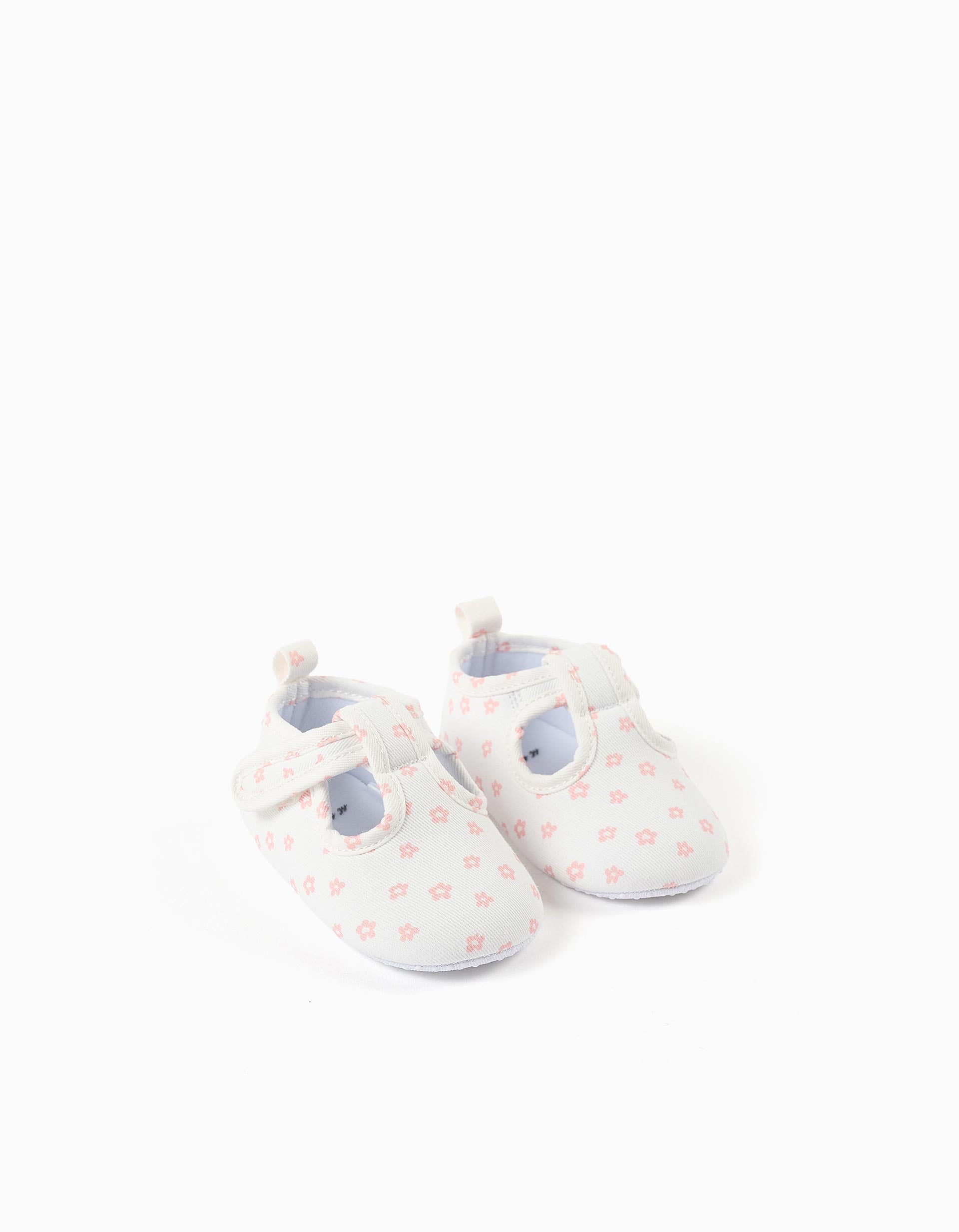 Canvas T-bar shoes with floral motif for newborn girls  white/pink