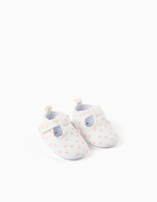 Canvas T-bar shoes with floral motif for newborn girls  white/pink