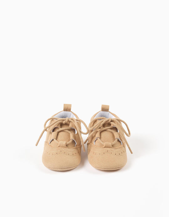 Suedette shoes with brogue detail for newborn boys, camel