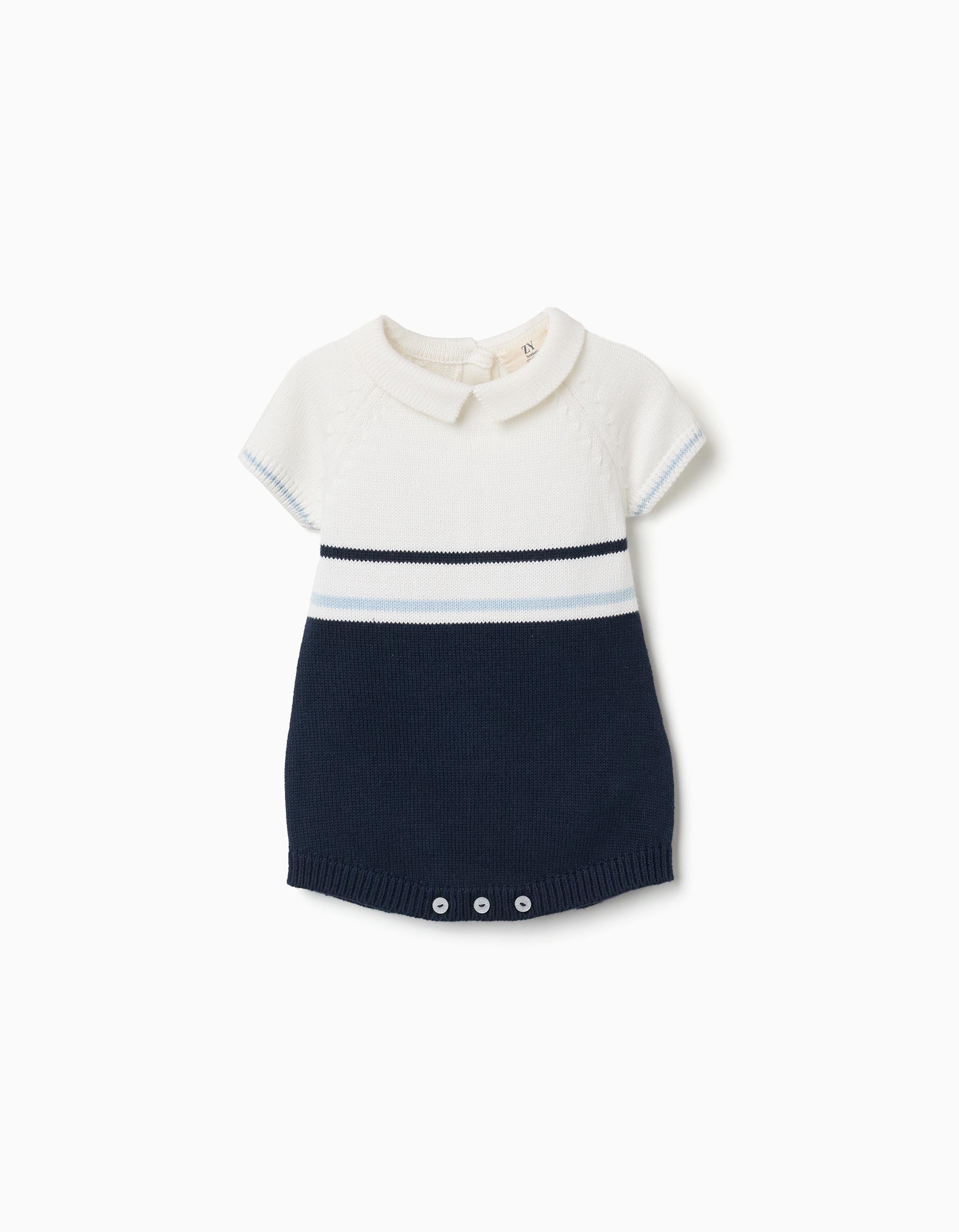 Cotton Knitted Romper With Stripes For Newborn Boys White Blue