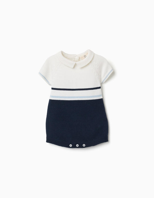 Cotton Knitted Romper With Stripes For Newborn Boys White Blue