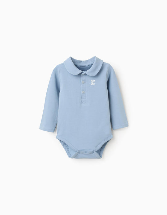 Cotton bodysuit with chest print for newborn boys  light blue