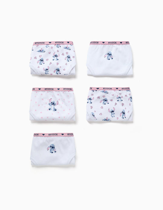 Pack Of 5 Cotton Briefs With Stitch Prints For Girls, White